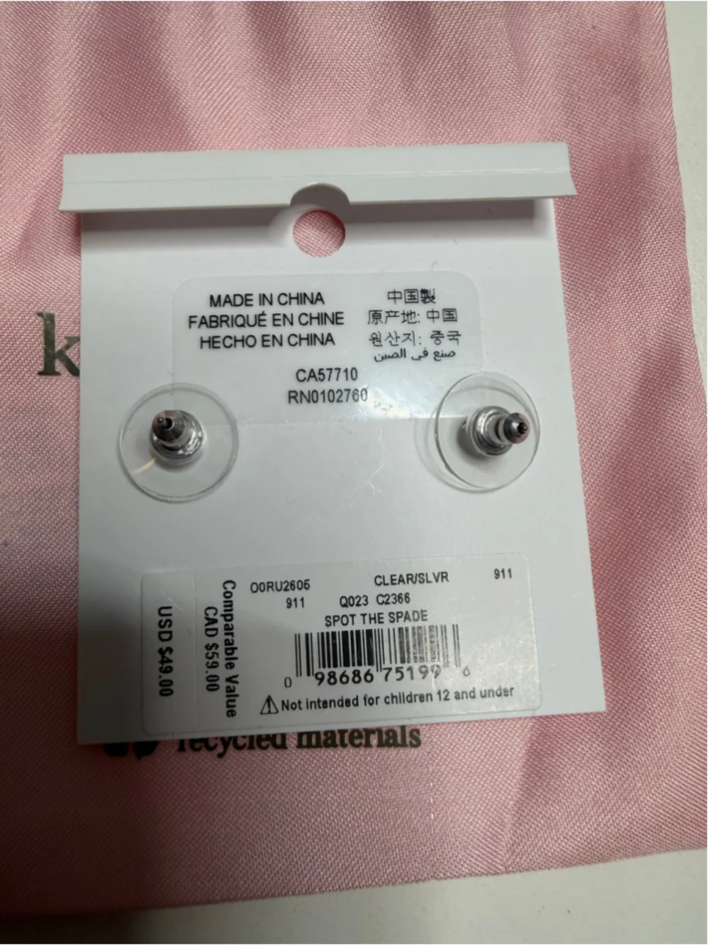 Women's Kate Spade One Size Silver & Clear Spot The Spade Earrings